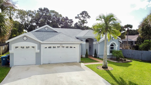 single story home with a front yard and a garage