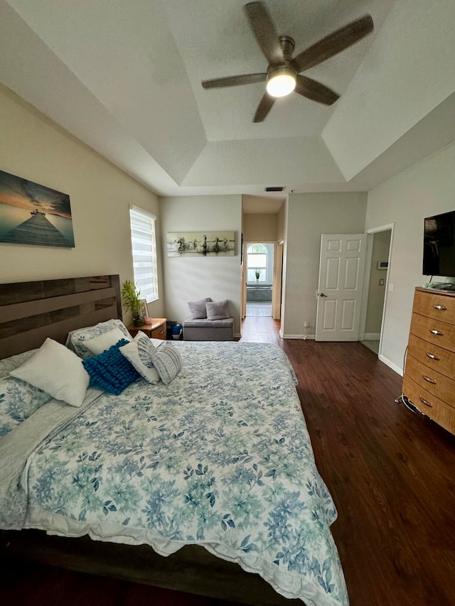 bedroom featuring multiple windows, dark hardwood / wood-style flooring, a raised ceiling, and ceiling fan