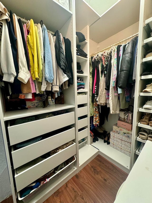 walk in closet featuring dark wood-type flooring