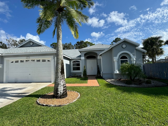 ranch-style house featuring a front yard and a garage