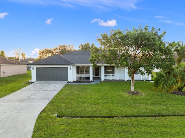 view of front of home with a garage, covered porch, and a front yard