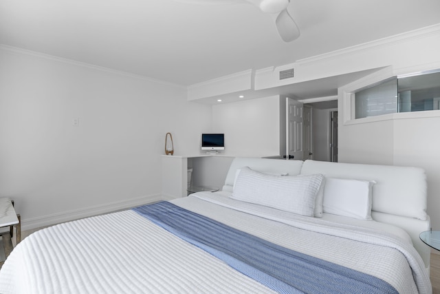 bedroom featuring crown molding and ceiling fan