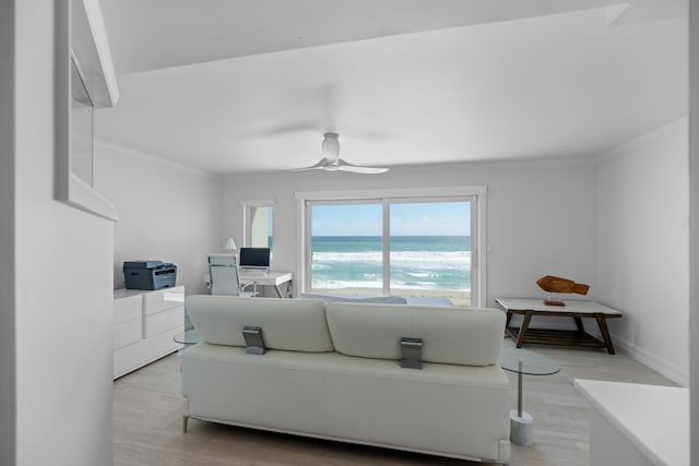 living room featuring ceiling fan, crown molding, and light hardwood / wood-style flooring