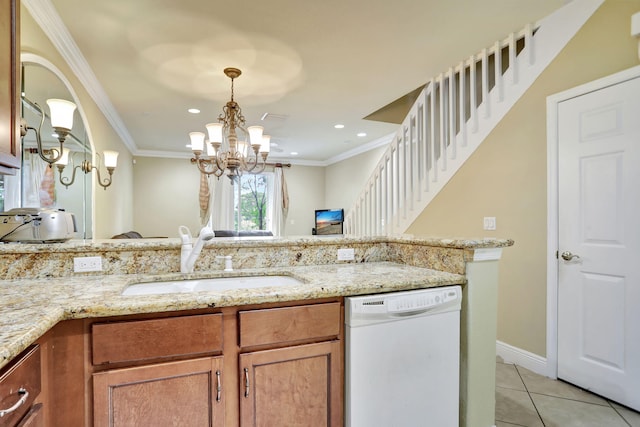 kitchen featuring a notable chandelier, light stone countertops, white dishwasher, crown molding, and sink