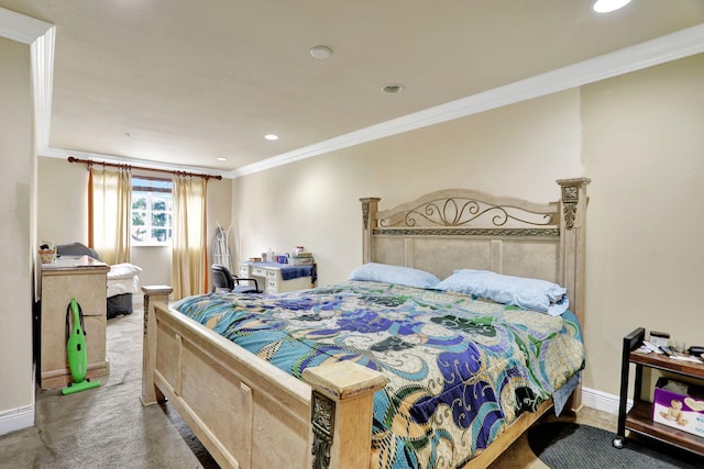 carpeted bedroom featuring ornamental molding