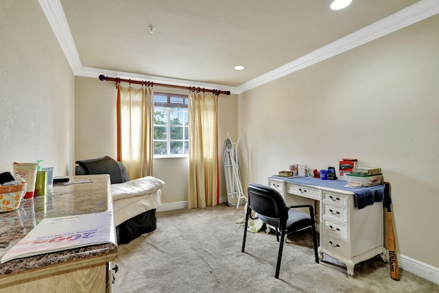 office featuring light carpet and crown molding