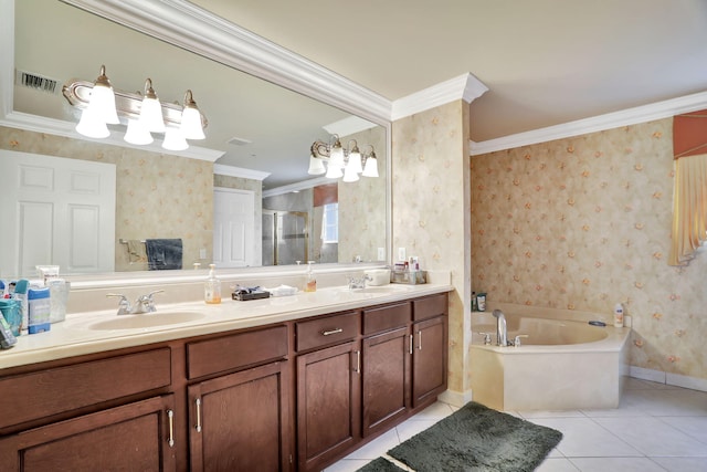 bathroom with vanity, crown molding, independent shower and bath, and tile patterned flooring