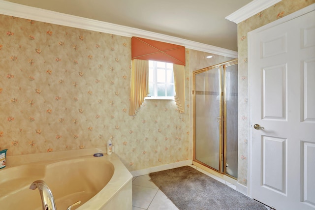 bathroom with crown molding, tile patterned floors, and plus walk in shower