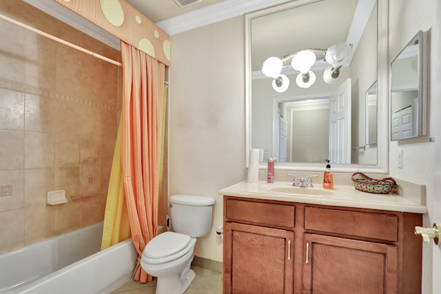 full bathroom featuring tile patterned floors, shower / bath combo, toilet, ornamental molding, and vanity