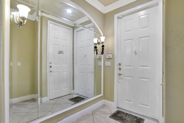 entryway featuring ornamental molding and light tile patterned floors