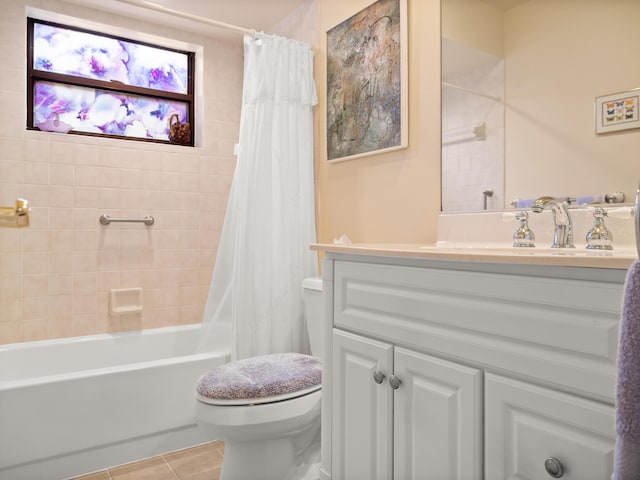 full bathroom with vanity, toilet, shower / bathtub combination with curtain, and tile patterned flooring