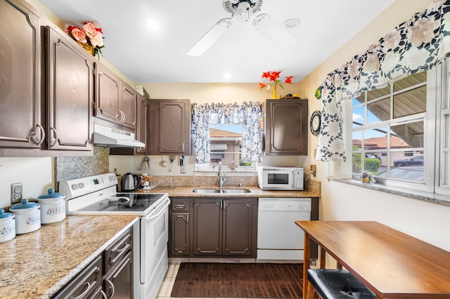 kitchen with dark brown cabinets, ceiling fan, dark tile patterned flooring, sink, and white appliances