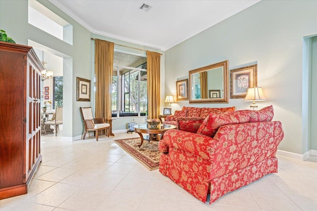 living room featuring ornamental molding, light tile patterned flooring, and an inviting chandelier