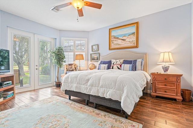 bedroom featuring french doors, ceiling fan, access to outside, and hardwood / wood-style floors