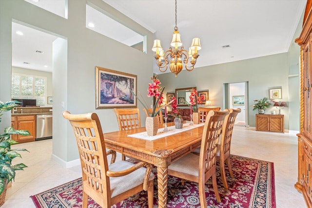 tiled dining room with ornamental molding and an inviting chandelier