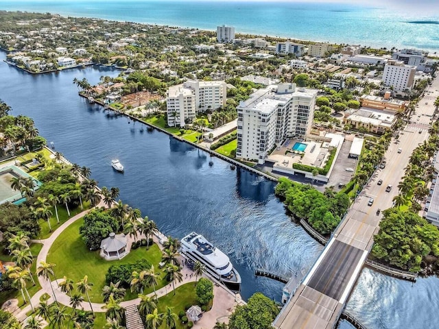 bird's eye view with a view of city and a water view