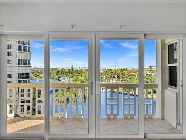 entryway featuring a water view