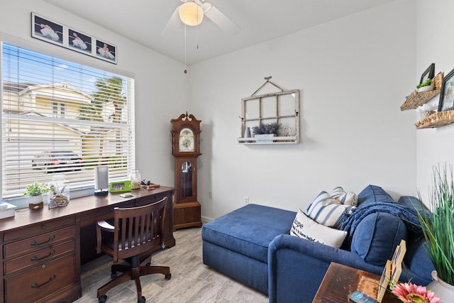 office space with ceiling fan and light hardwood / wood-style flooring