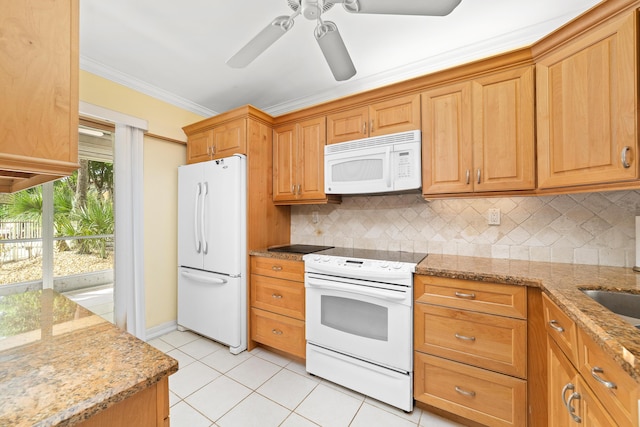 kitchen featuring white appliances, crown molding, backsplash, light stone counters, and light tile patterned flooring