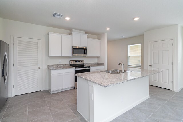 kitchen featuring white cabinetry, stainless steel appliances, sink, and a kitchen island with sink