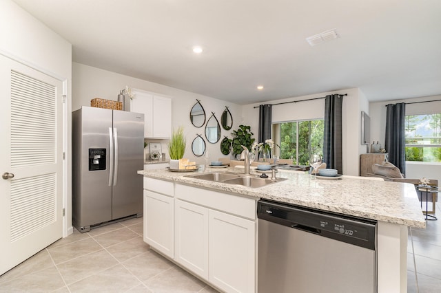 kitchen featuring white cabinetry, a kitchen island with sink, sink, plenty of natural light, and stainless steel appliances