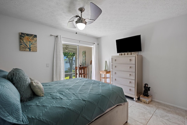 bedroom featuring light tile patterned floors, a textured ceiling, access to outside, and ceiling fan