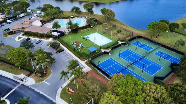 aerial view featuring a water view