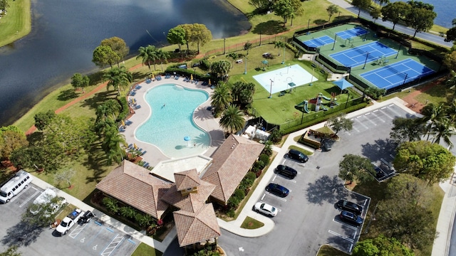 drone / aerial view with a water view