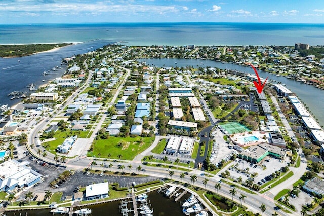 drone / aerial view featuring a water view