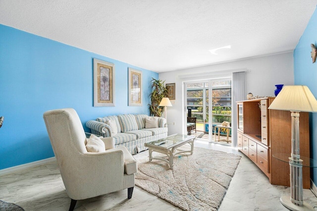 living room featuring a textured ceiling