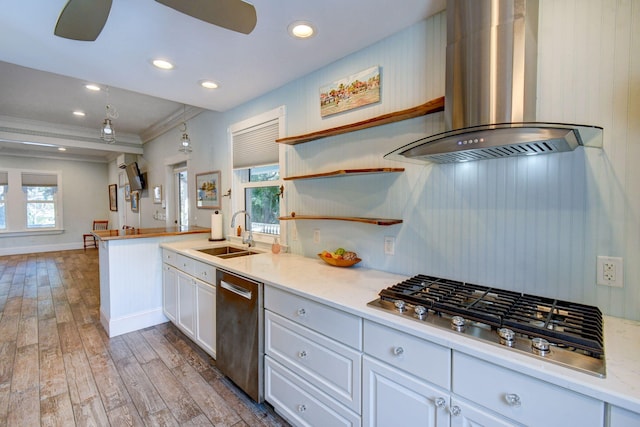 kitchen with appliances with stainless steel finishes, plenty of natural light, wall chimney exhaust hood, and sink