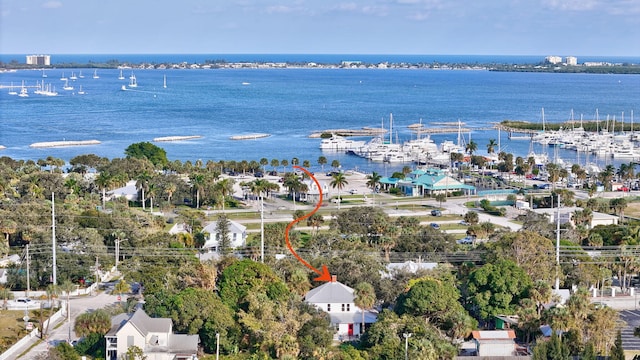 bird's eye view with a water view