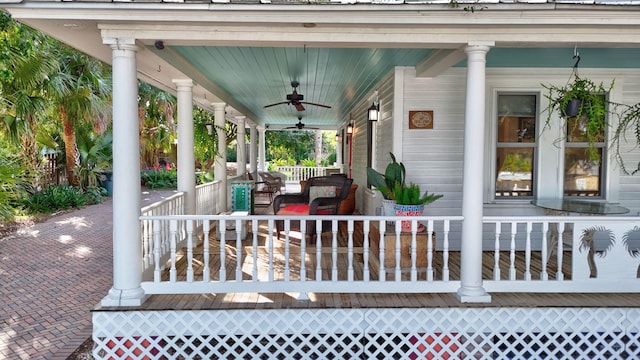 view of patio featuring ceiling fan