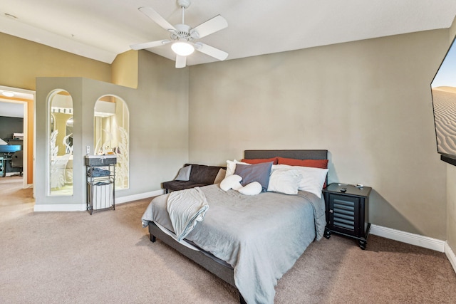 bedroom featuring lofted ceiling, carpet flooring, and ceiling fan