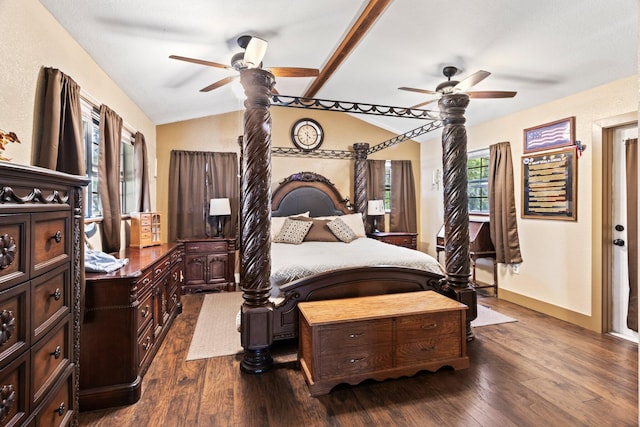 bedroom with dark wood-type flooring, vaulted ceiling, and ceiling fan