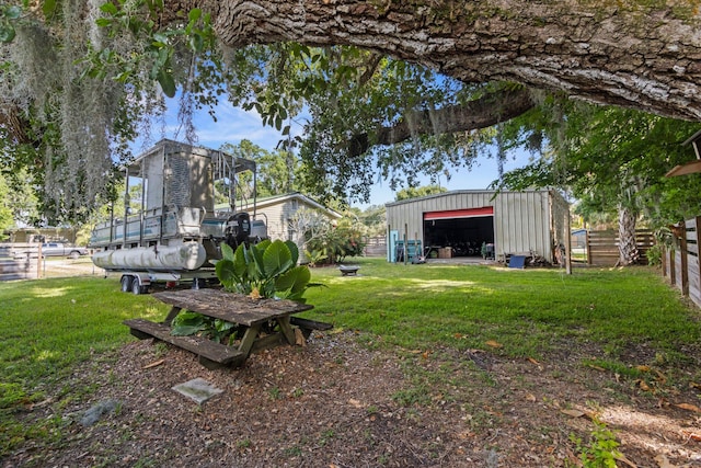 view of yard with a wooden deck, a garage, and an outbuilding