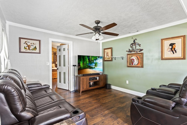 living room with ornamental molding, dark hardwood / wood-style floors, a textured ceiling, and ceiling fan