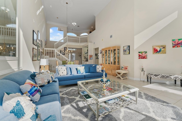 tiled living room featuring a high ceiling