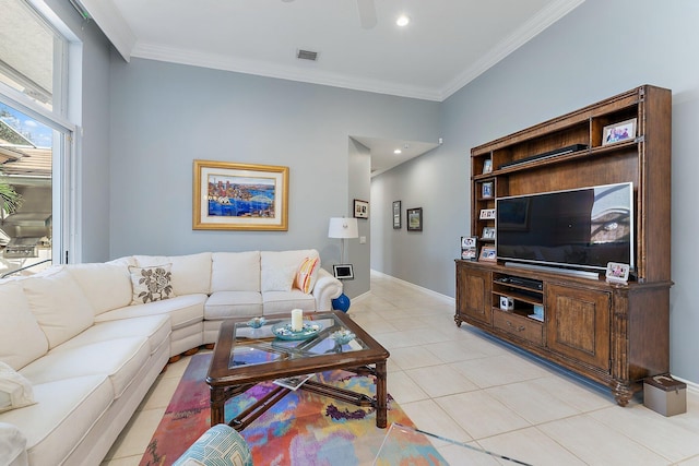 tiled living room featuring crown molding and ceiling fan