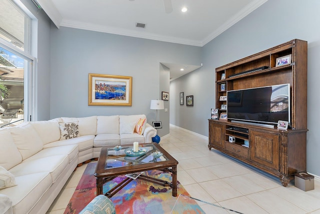 12020 SE Birkdale Run, Jupiter, FL 33469 - living room with crown molding, recessed lighting, baseboards, light tile patterned floors, and visible vents