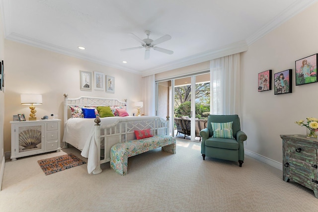 bedroom featuring ornamental molding, access to exterior, light colored carpet, and ceiling fan