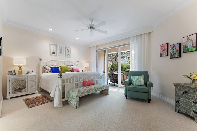 12020 SE Birkdale Run, Jupiter, FL 33469 - carpeted bedroom with a ceiling fan, access to exterior, crown molding, baseboards, and recessed lighting
