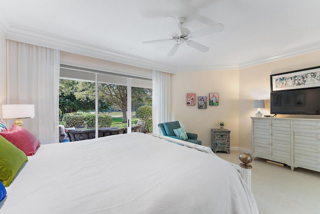 12020 SE Birkdale Run, Jupiter, FL 33469 - carpeted bedroom with crown molding, a ceiling fan, baseboards, and access to exterior