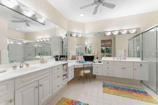 bathroom featuring vanity, ceiling fan, tile patterned flooring, and a shower with door