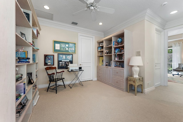 office with crown molding, light colored carpet, a textured ceiling, and ceiling fan