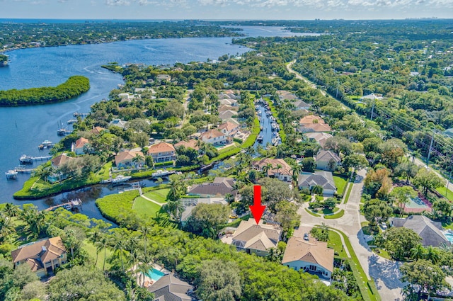 aerial view featuring a water view