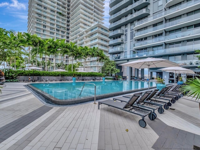 view of swimming pool with a patio