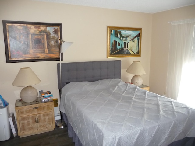 bedroom featuring dark hardwood / wood-style floors and a baseboard radiator