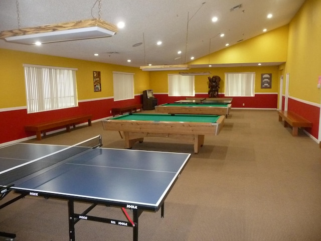 playroom featuring lofted ceiling, carpet floors, and billiards