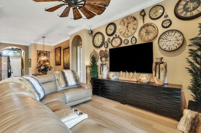 living room with ceiling fan with notable chandelier, light wood-type flooring, and ornamental molding